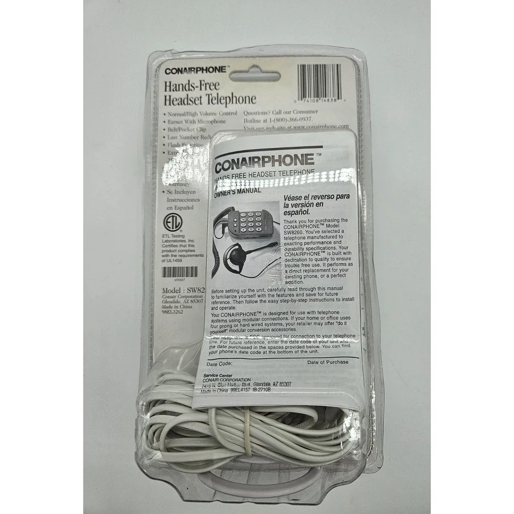 Conairphone Hands-Free Headset Telephone SW8260 Vintage White 25ft Cord New NIP